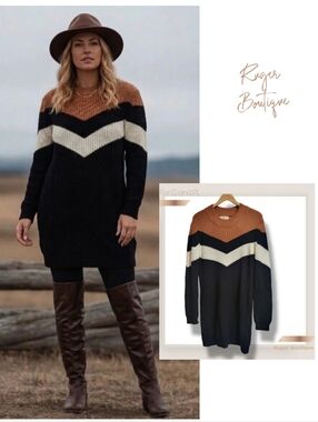 🌿Chic Striped Chevron Knit Sweater Dress- For Girls & Perfect Life,Fits Med-XXL